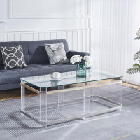 Everly Quinn Silver Stainless Steel Coffee Table With acrylic Frame and Clear Glass Top