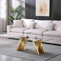 Everly Quinn Tempered Glass Top Coffee Table With Silver Mirror Finish Stainless Steel Base