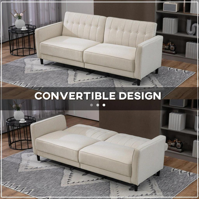 PULL OUT SOFA BED, BUTTON TUFTED FABRIC CONVERTIBLE BED COUCH WITH ADJUSTABLE BACK, FOR LIVING ROOM, BEIGE in Couches & Futons - Image 3