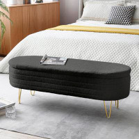 Mercer41 **"teddy Fabric Upholstered Oval Storage Bench With Gold Legs - 46.9 Inch Width, Black Colour - Perfect For Bed