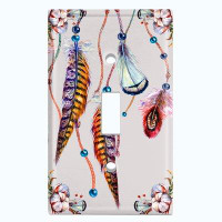 WorldAcc Metal Light Switch Plate Outlet Cover (Colourful Feather Dream Catcher White  - Single Toggle)