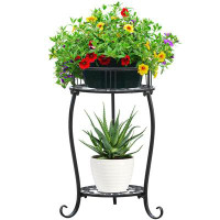 Alcott Hill Potted Plant Stand 2 Tier Metal Flower Pot Stand Anti-Rust Heavy Duty Plant Holder Shelf For Home Indoor Out