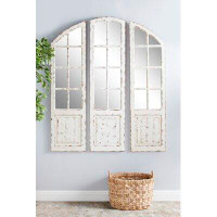 One Allium Way Nekoosa 3 Piece White Wood Window Pane Inspired Wall Mirror with Arched Top and Distressing Set