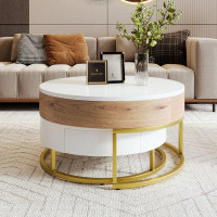 Mercer41 Modern Round Lift-Top Nesting Coffee Tables With 2 Drawers White & Natural
