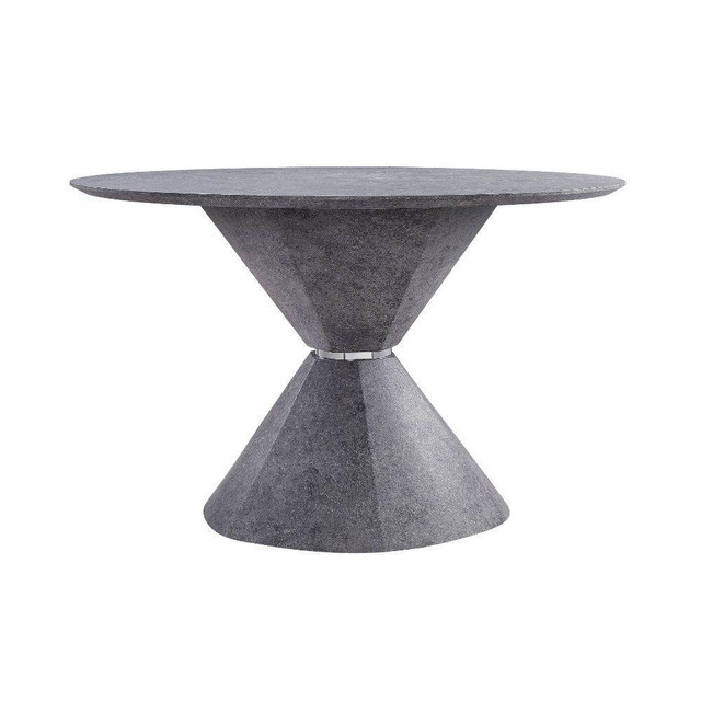 ACME - 47 Inch 5 Piece - Round Faux Concrete Dining Table w 4 Grey Upholstered Sled Metal Bases with shiny chrome finish in Dining Tables & Sets - Image 2