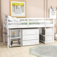 Harriet Bee Twin Size Wood Loft Bed With Desk,Low Loft Bed With Shelves And Drawers