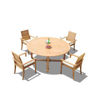 Teak Smith Grade-A Teak Dining Set: 72" Round Table And 4 Algrave Stacking Arm Chairs
