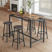 17 Stories Retro Industrial Style 5-Piece Dining Table Set With 4 PU Leather Upholstered Stools, Counter Height Kitchen