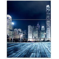 Design Art Blue Hong Kong City Skyline - 3 Piece Graphic Art on Wrapped Canvas Set