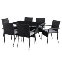Winston Porter Aalliyah Patio Dining Set With Stackable Chairs - Black Finish/Ash Gray Cushions 7Pc