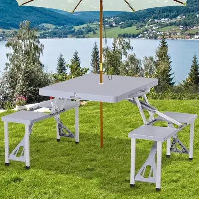 Junior Folding Portable Picnic Table w 4 Seats, Umbrella Hole for Outdoor Patio Camping, Grey