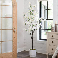 Primrue 6ft. Artificial Cherry Blossom Tree with White Decorative Planter