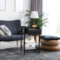 17 Stories Narrow End Table With Drawer,Industrial Retro Side Table For Small Spaces,Nightstand Sofa Storage Shelf(Black