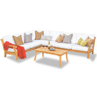 Teak Smith Sectional 5 Pc Sofa Set: 2 Sofas, Corner,Lounge Chair&CoffeeTable + Sunbrella #5404 Natural Cushions-33" H x