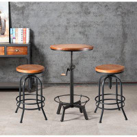 Williston Forge 3 Piece Bar Set Industrial Style Adjustable Height Dia 23.6" Black Bar Table And 2 Stools  For Kitchen,