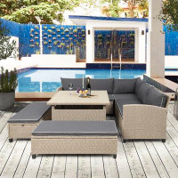 My Lux Decor 6-Piece Patio Furniture Set Outdoor Wicker Rattan Sectional Sofa With Table And Benches For Backyard Garden