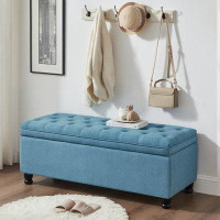 Red Barrel Studio Upholstered Tufted Button Storage Bench ,Linen Fabric Entry Bench With Spindle Wooden Legs, Bed Bench