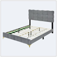 Mercer41 Queen Size Velvet Platform Bed with LED Frame and Stylish Mental Bed Legs