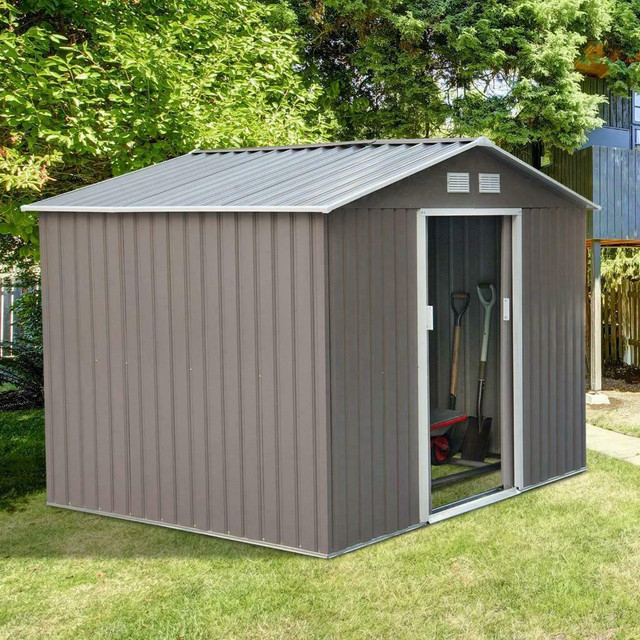 9x6.3 Garden Storage Shed w/ Floor Foundation Outdoor Patio Yard Metal Tool Storage House Grey White Brand New in box in Outdoor Décor in Ontario - Image 4