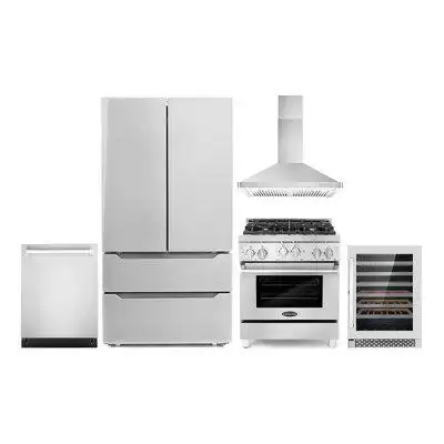 Cosmo 5 Piece Kitchen Package With 30" Freestanding Gas Range  30" Wall Mount Range Hood 24" Built-in Fully Integrated D
