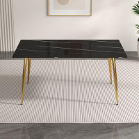 Mercer41 Modern Minimalist Rectangular Black Imitation Marble Dining Table, 0.4 Thick, Gold Metal Legs, For Kitchen, Din