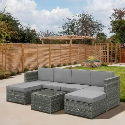 7pc PE Rattan Wicker Sectional Conversation Furniture Set w Ottomans, Cushions, Outdoor Patio, Grey