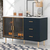Mercer41 Sideboard MDF Buffet Cabinet Marble Sticker Tabletop And Amber-Yellow Tempered Glass Doors