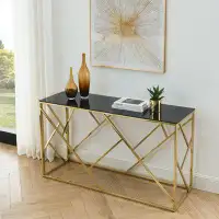Everly Quinn Modern Glass Console Table, 55" Gold Sofa Table With Sturdy Metal Frame And Black Tempered Glass Top, For L