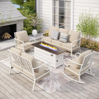 Alphamarts 7 Person White Outdoor Patio Conversation Set with Rocking Lounge Chairs, Loveseat & Fire Pit Table