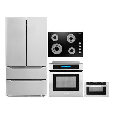 Cosmo 4 Piece Kitchen Package with French Door Refrigerator & 30" Electric Cooktop & Wall Oven in Refrigerators