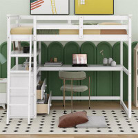 Harriet Bee Twin Size Loft Bed With Desk And Shelves, Two Built-In Drawers,