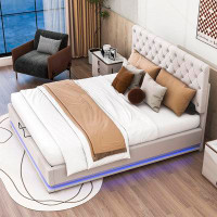 Ivy Bronx Lonie Velvet Upholstered Platform Bed with Adjustable Tufted Headboard and LED Light