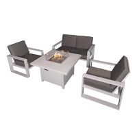 Hokku Designs 4 Piece Patio Dining Set Fire Pit Table with 2 Armchair + Loveseat