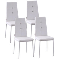 SET OF 4 MODERN STYLE DINING CHAIRS, BUTTON TUFTED HIGH BACK SIDE CHAIRS WITH UPHOLSTERED SEAT, STEEL LEGS, WHITE