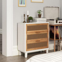 Bay Isle Home™ Aril 3-Drawer Woven Cane Front Accent Chest, Mid Century Modern 3 Drawers Nightstand
