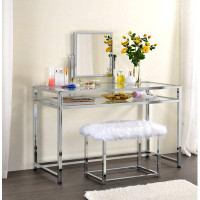 Everly Quinn Kenly Vanity Desk with Mirror and Stool in Chrome