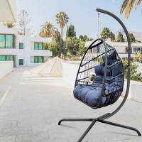 Bungalow Rose Swing Egg Chair With Stand Indoor Outdoor Wicker Rattan Patio Basket Hanging Chair With C Type Bracket
