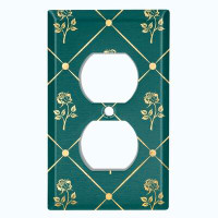 WorldAcc Metal Light Switch Plate Outlet Cover (Damask Golden Rose Elegant Green - Single Toggle)