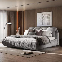 Brayden Studio Calesha Upholstered Bed with Oversized Padded Backrest, Thickening Pinewooden Slats and Metal Leg