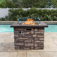 Loon Peak Iffah 35" H x 35" W Stone Propane Outdoor Square Fire Pit Table with Glass Guard