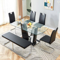 Ivy Bronx 63" Dining Table Set, 6-Piece Kitchen Dining Room Table With Glass Tabletop And V-Shaped MDF Base, Modern Kitc