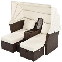 Latitude Run® Outdoor Double Daybed Loveseat Sofa Set - 2-seater Patio Daybed With Foldable Awning And Cushions For Gard