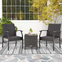 Highland Dunes Highland Dunes 3 Pcs Patio Conversation Set Wicker Chair Tempered Glass Table Cushioned Seat