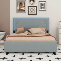 Ivy Bronx Queen Size Upholstered Platform Bed With Rivet-Decorated Headboard