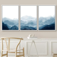 IDEA4WALL IDEA4WALL Framed Canvas Print Wall Art Blue Watercolor Mountains In Fog Nature Wilderness Illustrations Modern