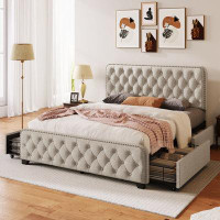 Mercer41 Queen Size Upholstered Platform Bed With Drawers, Button Tufted Headboard And Footboard