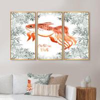 Bay Isle Home™ Vintage Golden Fish Surrounded By Green Plants - Traditional Framed Canvas Wall Art Set Of 3