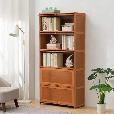 MoNiBloom Bamboo Standard Bookcase with Door, Books Toys Display Modern Bookshelf for Home Living Room