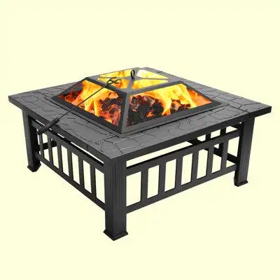 Red Barrel Studio Fire Pit Table 32In Square Metal Firepit Stove Backyard Patio Garden Fireplace For Camping, Outdoor He