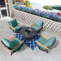 Latitude Run® 5-Piece Aluminum Wicker Outdoor Patio Fire Pit Seating Set with Cushions